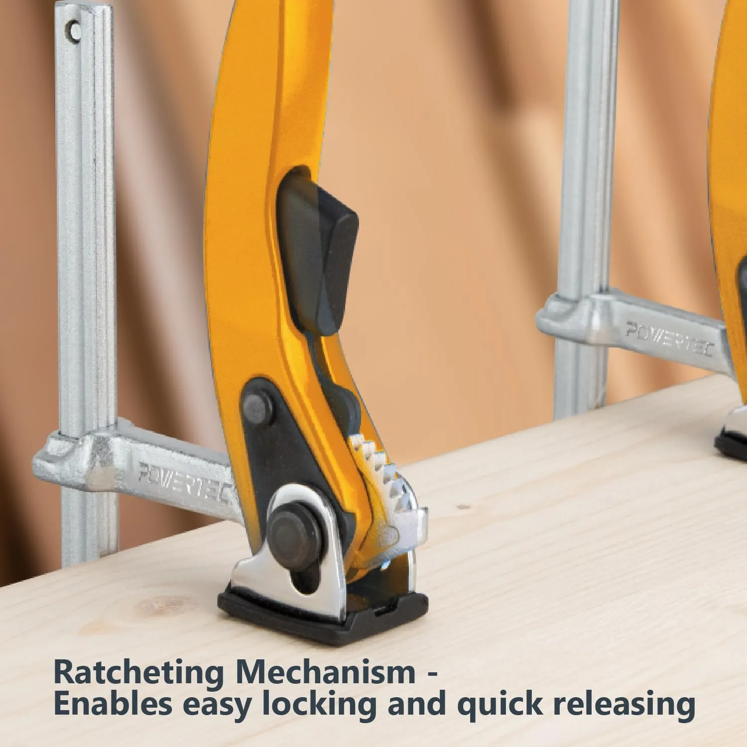 POWERTEC 71542 Quick Release Ratcheting Table Clamp for MFT and Guide Rail System, 7” Capacity x 2-3/8” Throat Depth, 2 Pack