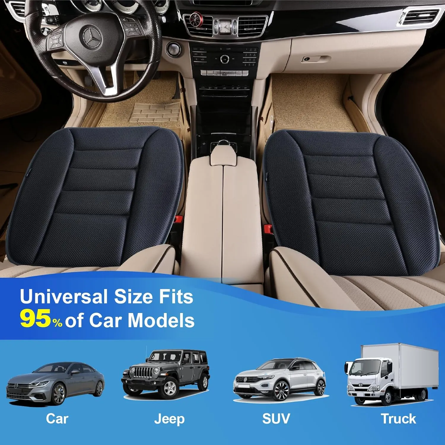 Premium Car Seat Cushion, Driver Cushion with Comfort Memory Foam & Non-Slip Rubber Bottom, Car Seat Pad Works with 95% of Vehicles and Office Chair or Home (4D Mesh - Black)