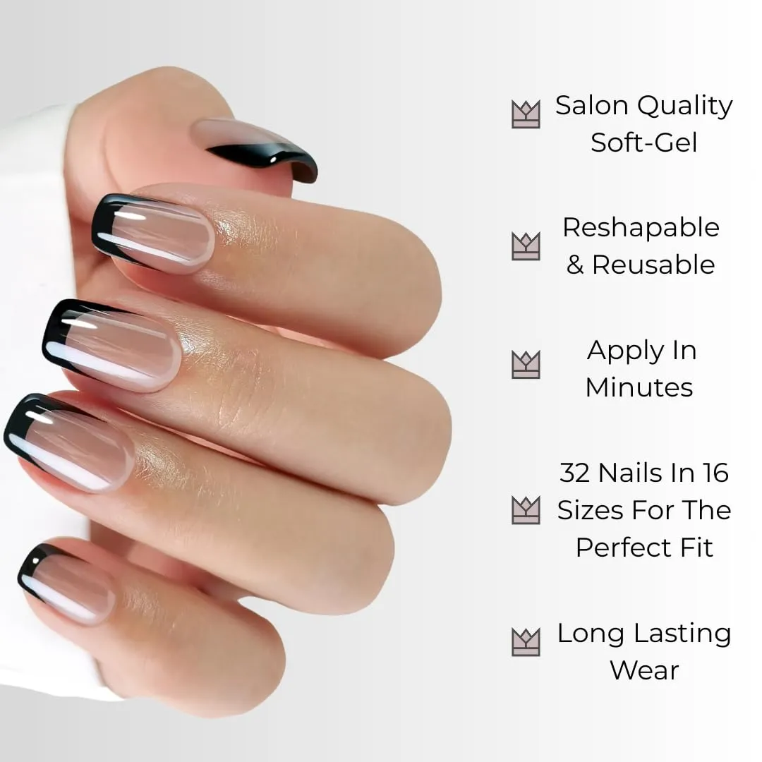 Press-On Nails – Salon-Quality Reusable Manicure Set – 32 Nails in 16 Sizes with Glue & Adhesive Tabs – Long-Lasting, Damage-Free Wear (Midnight)