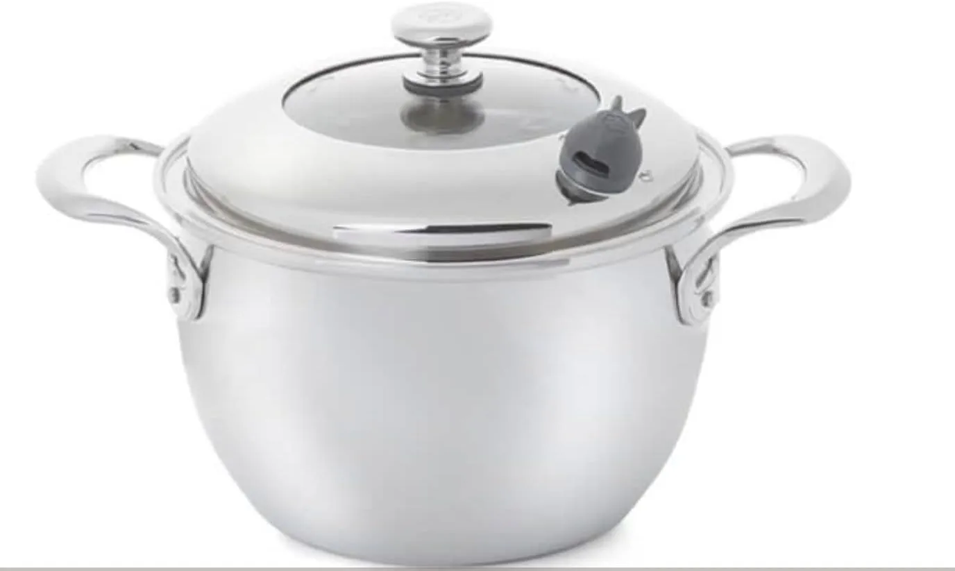 Princess House Vida Sana Stainless Steel 7-Qt. Pot Dutch Oven 5-Ply with Nutri-Steam Valve Signals When Cookware Reaches the Proper Temperature Offering the Option to Position the Valve for Healthier or Traditional Cooking.