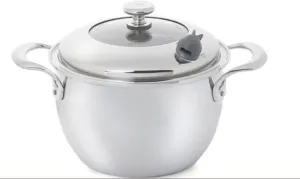Princess House Vida Sana Stainless Steel 7-Qt. Pot Dutch Oven 5-Ply with Nutri-Steam Valve Signals When Cookware Reaches the Proper Temperature Offering the Option to Position the Valve for Healthier or Traditional Cooking.