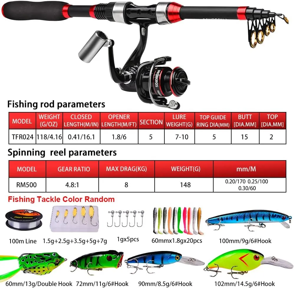 PROBEROS Kids Fishing Pole - Portable Telescopic Fishing Rod and Reel Combo Kit - Spincast Fishing Reel Casting Rods with Lures Lines Tackle Box and Bag for Boys Girls Youth Fishing