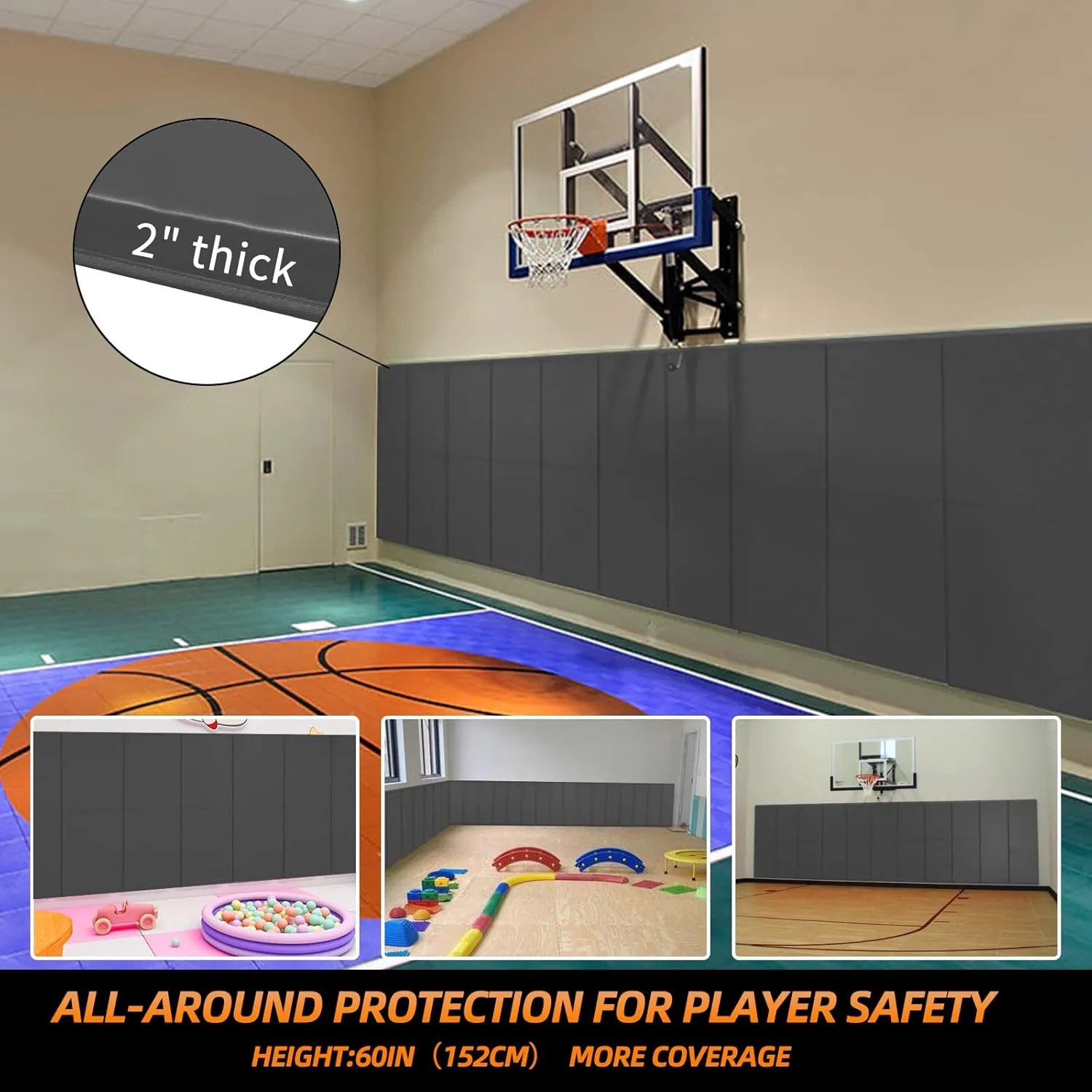 PROGOAL 6FT HighGym Wall Paddings Basketball Court Wall Protection Pad - 2”Thick Foam Wall Mat Durable Protector for Wall-Mounted Basketball Hoops Garage Taekwondo(72" L x 20" W)