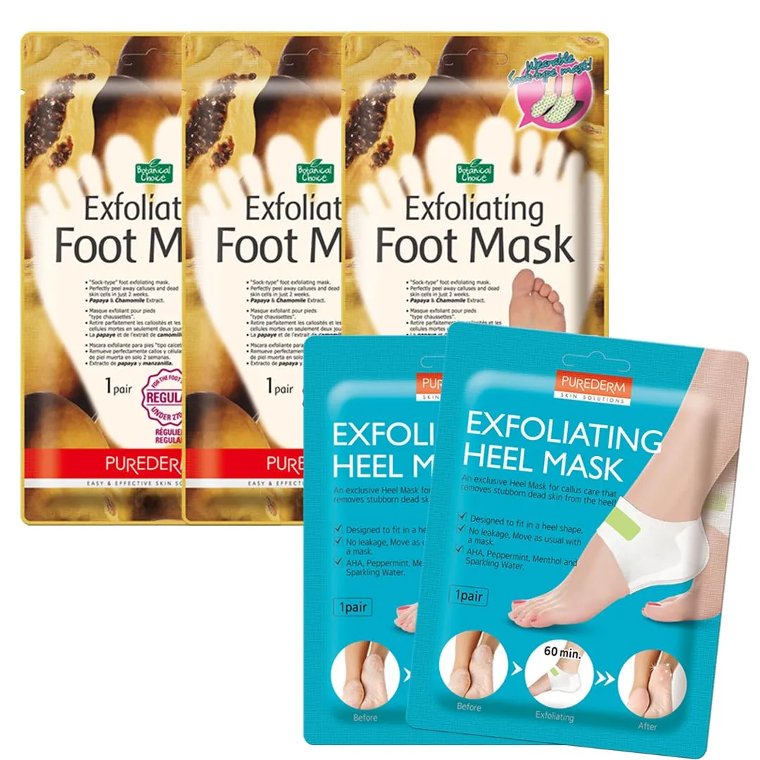 Purederm Exfoliating Heel Mask (2 Pair) & Purederm Exfoliating Foot Mask (3 Pack) Bundle