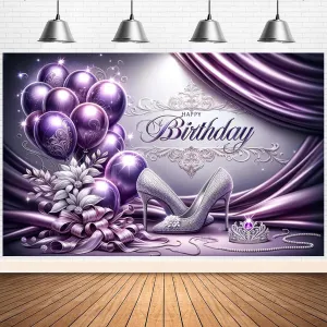 Purple Balloons Happy Birthday Backdrop for Photography Silver High Heels Women's Birthday Party Decoration Sweet 16th 18th Birthday Backdrop Glitter Silver High Heels Diamond Background (7X5FT)