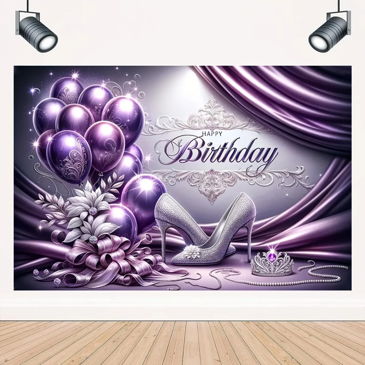 Purple Balloons Happy Birthday Backdrop for Photography Silver High Heels Women's Birthday Party Decoration Sweet 16th 18th Birthday Backdrop Glitter Silver High Heels Diamond Background (7X5FT)