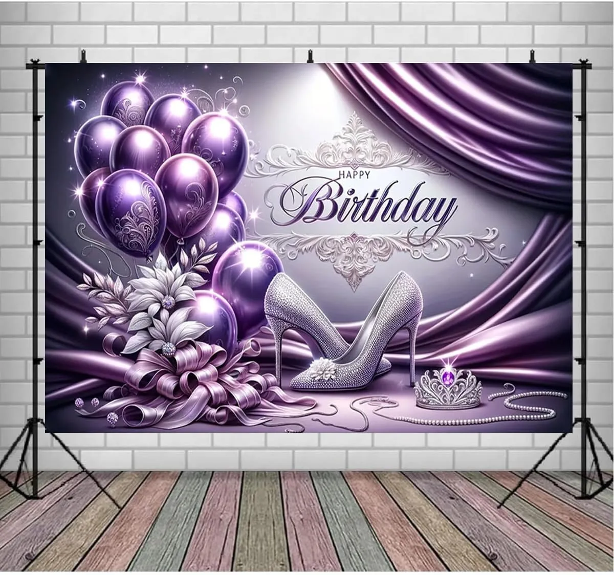 Purple Balloons Happy Birthday Backdrop for Photography Silver High Heels Women's Birthday Party Decoration Sweet 16th 18th Birthday Backdrop Glitter Silver High Heels Diamond Background (7X5FT)
