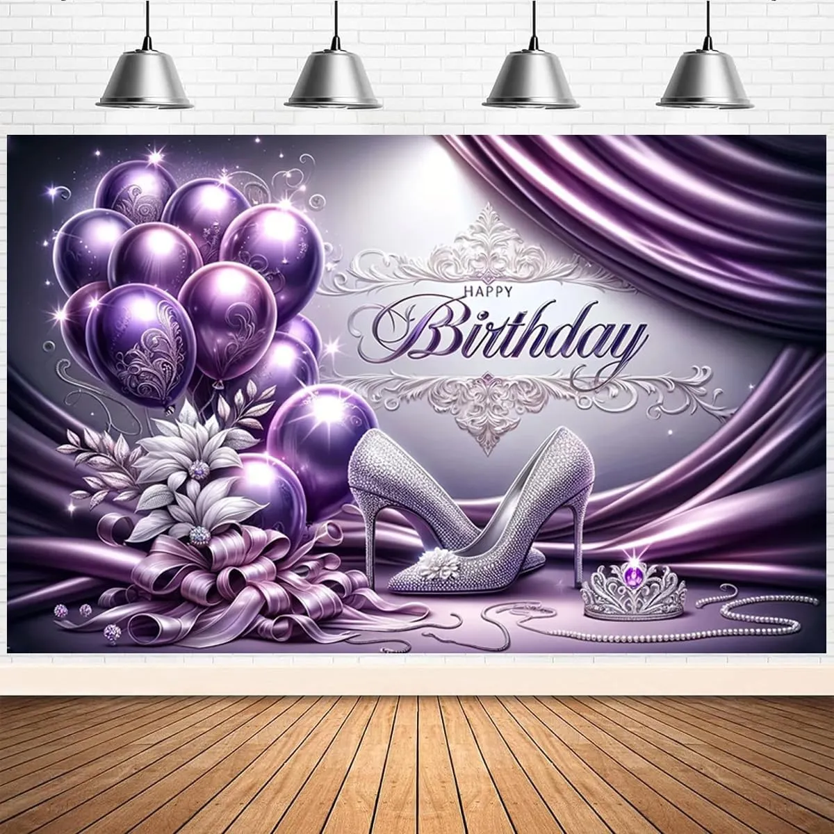 Purple Balloons Happy Birthday Backdrop for Photography Silver High Heels Women's Birthday Party Decoration Sweet 16th 18th Birthday Backdrop Glitter Silver High Heels Diamond Background (7X5FT)