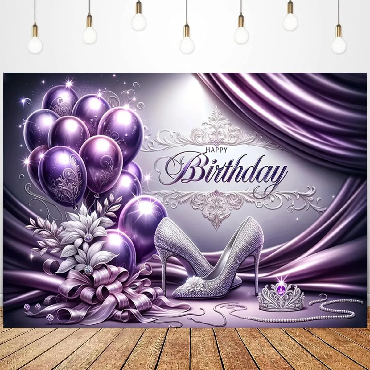 Purple Balloons Happy Birthday Backdrop for Photography Silver High Heels Women's Birthday Party Decoration Sweet 16th 18th Birthday Backdrop Glitter Silver High Heels Diamond Background (7X5FT)