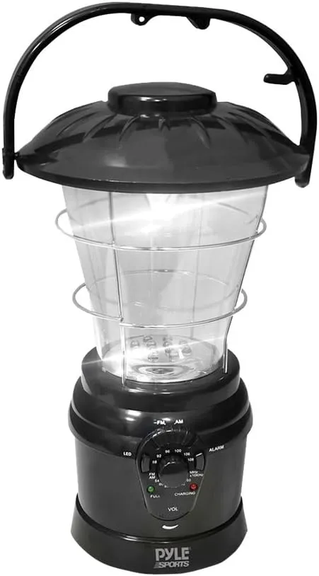 Pyle PSDNL22BK Multi Function Hand Crank LED Lantern with AM/FM Radio and Built-in Rechargeable Battery (Black)
