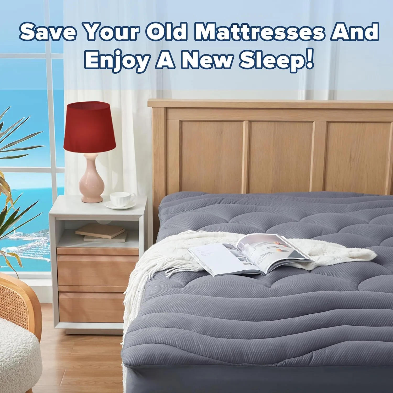 Queen Mattress Pad for Back & Hip Pain Relief, Pillow Top Cooling Bed Topper Quilted Fitted, Hotel Quality Deep Pocket Soft Queen Mattress Protector Cover Washable (60x80 inch, Grey)
