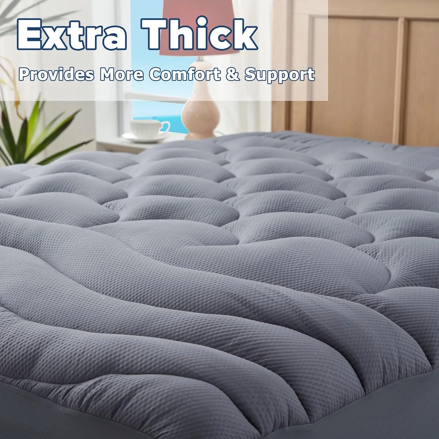 Queen Mattress Pad for Back & Hip Pain Relief, Pillow Top Cooling Bed Topper Quilted Fitted, Hotel Quality Deep Pocket Soft Queen Mattress Protector Cover Washable (60x80 inch, Grey)
