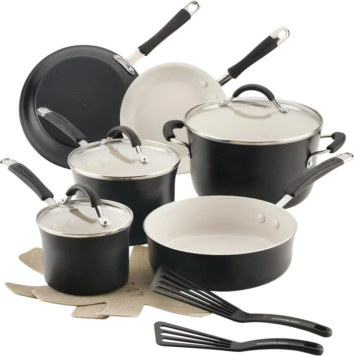 Rachael Ray Cucina Ceramic Nonstick Pots and Pans Set with Saucepans, Saute, Frying Pans, Stockpot, Lids, Pan Protectors, and Cooking Utensils, 13 Piece Non Stick Cookware Set - Peppercorn