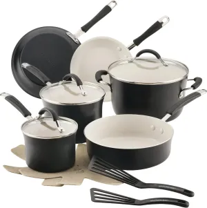 Rachael Ray Cucina Ceramic Nonstick Pots and Pans Set with Saucepans, Saute, Frying Pans, Stockpot, Lids, Pan Protectors, and Cooking Utensils, 13 Piece Non Stick Cookware Set - Peppercorn