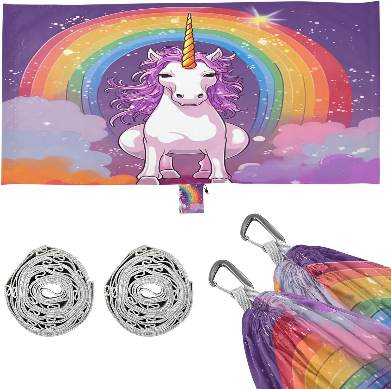 Rainbow Unicorn Camping Hammock, 330 lbs with 2 Tree Straps, Carry Bag, Single Portable Hammock for Outdoor/Indoor, Hiking, Beach, Backpacking, Travel