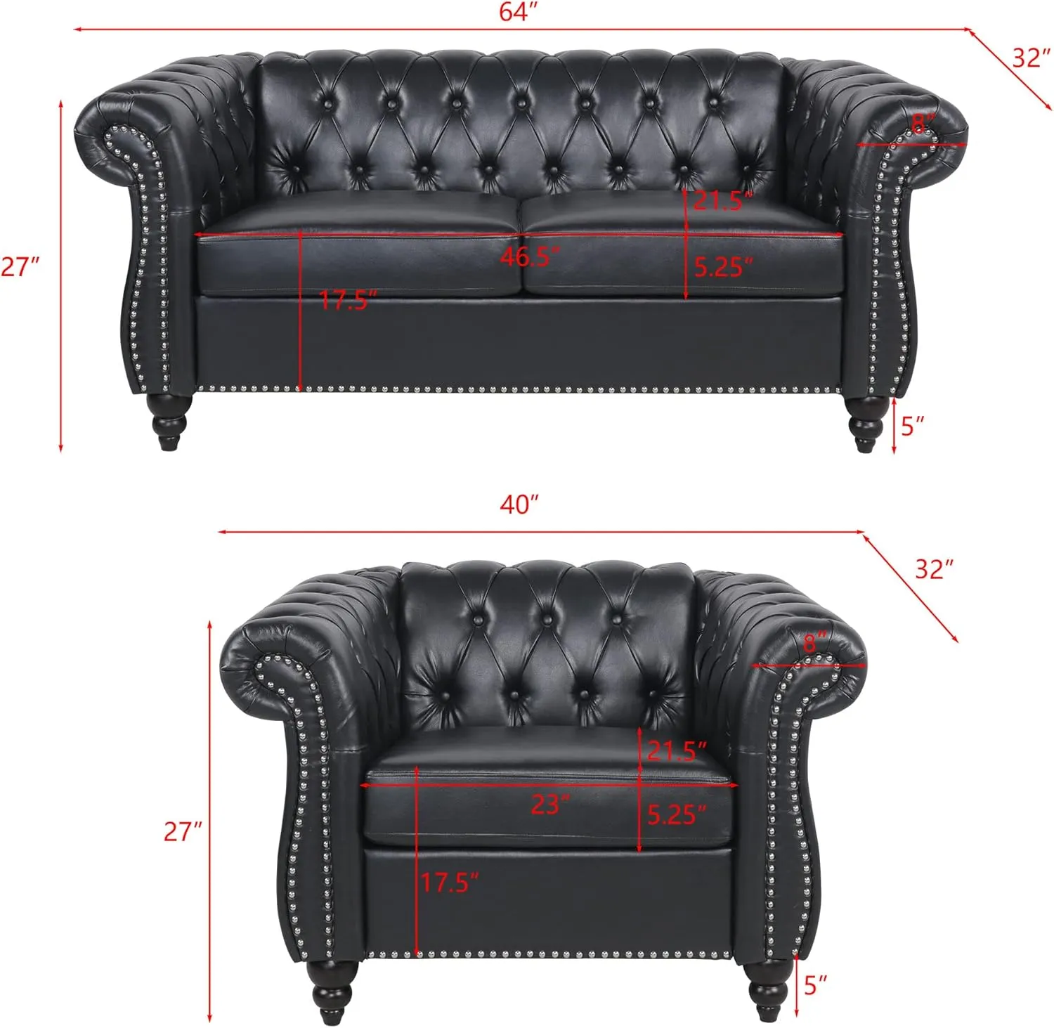 RARZOE 2 Pieces of Living Room Furniture Sofa Sets,Modern Contemporary Tufted Button Faux Leather Accent Club Chair&Chesterfield Loveseat Sofas Set with Nailhead Trim Scroll Arms for Home,Black
