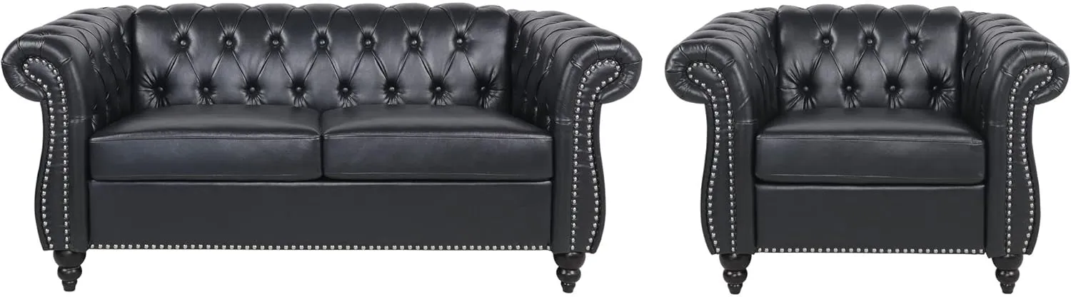 RARZOE 2 Pieces of Living Room Furniture Sofa Sets,Modern Contemporary Tufted Button Faux Leather Accent Club Chair&Chesterfield Loveseat Sofas Set with Nailhead Trim Scroll Arms for Home,Black