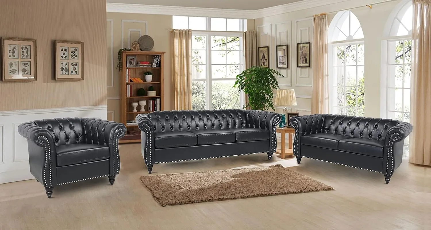 RARZOE 2 Pieces of Living Room Furniture Sofa Sets,Modern Contemporary Tufted Button Faux Leather Accent Club Chair&Chesterfield Loveseat Sofas Set with Nailhead Trim Scroll Arms for Home,Black