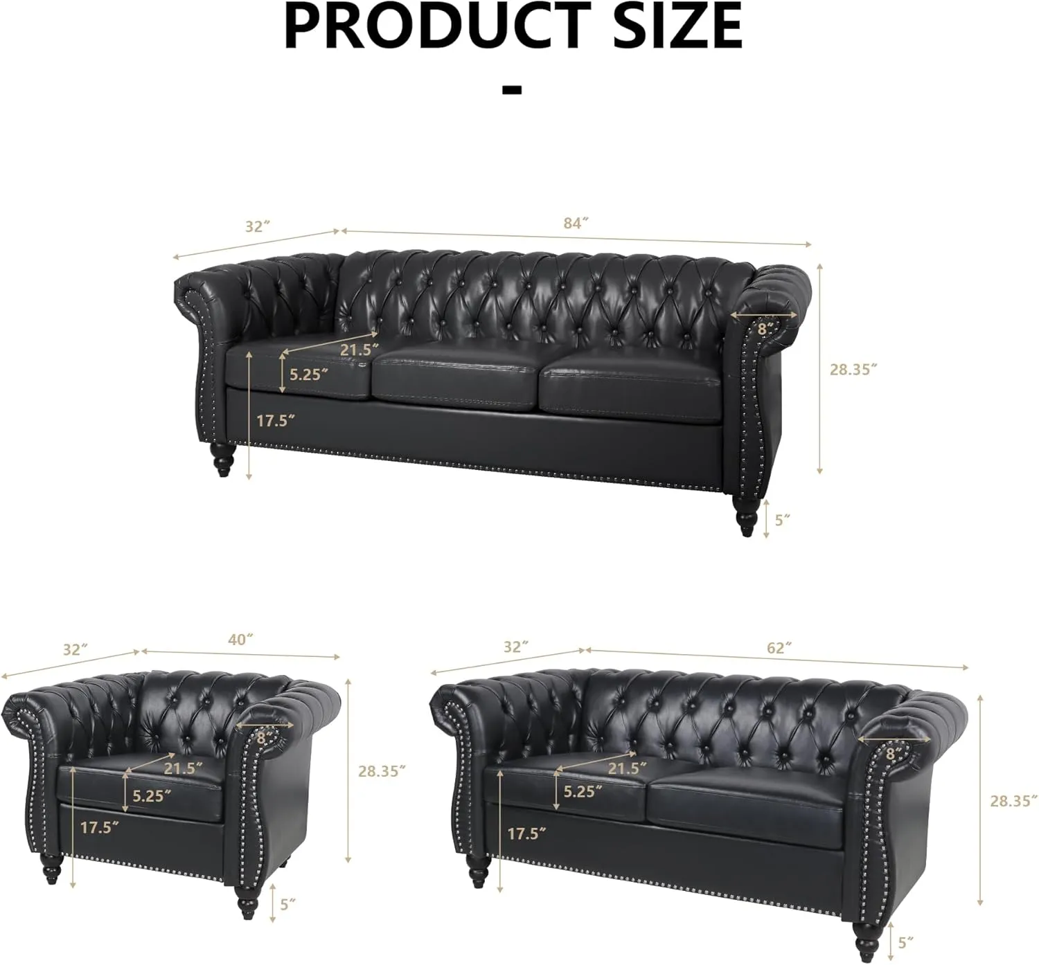 RARZOE 3 Pieces of Living Room Furniture Sofa Sets, Modern Faux Leather Chesterfield Sofa&Chesterfield Club Chair&Chesterfield Loveseat Sofas Set with Nailhead Trim Scroll Arms for Living Room(Black)