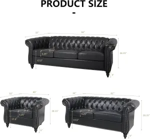 RARZOE 3 Pieces of Living Room Furniture Sofa Sets, Modern Faux Leather Chesterfield Sofa&Chesterfield Club Chair&Chesterfield Loveseat Sofas Set with Nailhead Trim Scroll Arms for Living Room(Black)