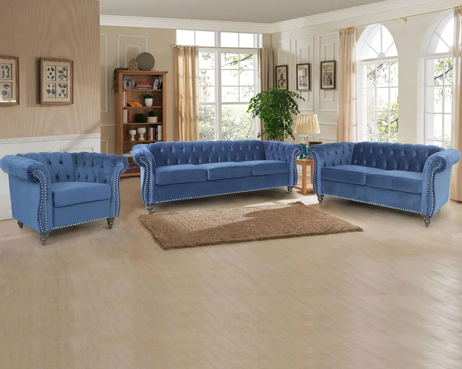 RARZOE 3 Pieces of Living Room Furniture Sofa Sets, Modern Velvet Chesterfield Sofa&Chesterfield Club Chair&Chesterfield Loveseat Sofas Set with Nailhead Trim Scroll Arms for Living Room(Blue)