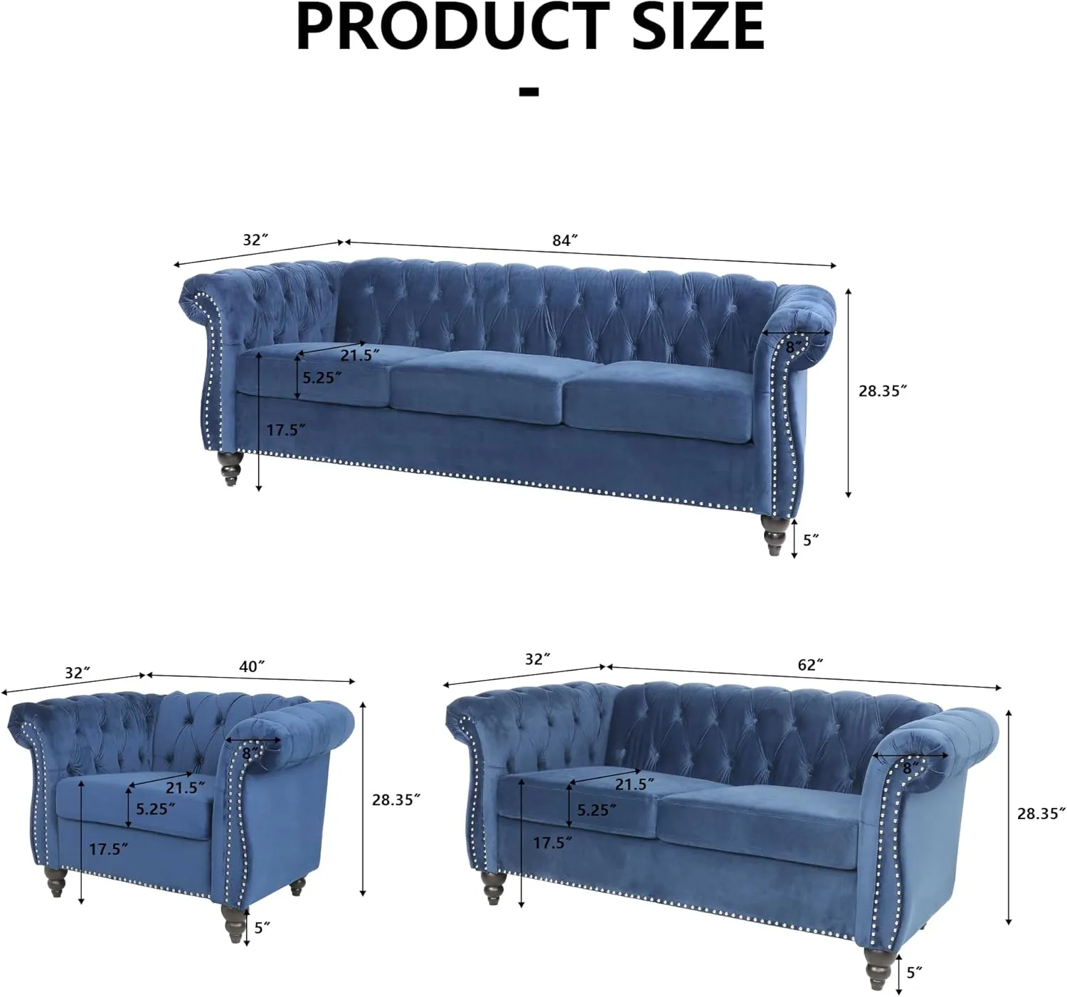 RARZOE 3 Pieces of Living Room Furniture Sofa Sets, Modern Velvet Chesterfield Sofa&Chesterfield Club Chair&Chesterfield Loveseat Sofas Set with Nailhead Trim Scroll Arms for Living Room(Blue)