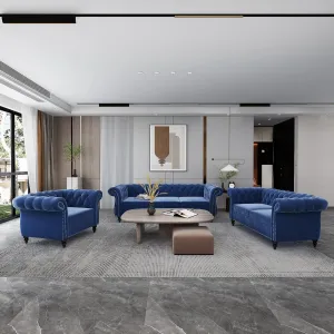 RARZOE 3 Pieces of Living Room Furniture Sofa Sets, Modern Velvet Chesterfield Sofa&Chesterfield Club Chair&Chesterfield Loveseat Sofas Set with Nailhead Trim Scroll Arms for Living Room(Blue)