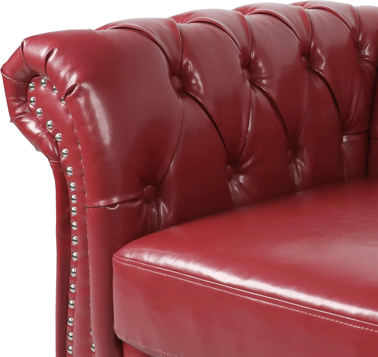 RARZOE Traditional Chesterfield PU Loveseat Sofa, Modern Vintage Chesterfield Button Tufted Faux Leather Couch with Nailhead Trim Scrolled Arms for Living Room Bedroom Office(Burgundy)