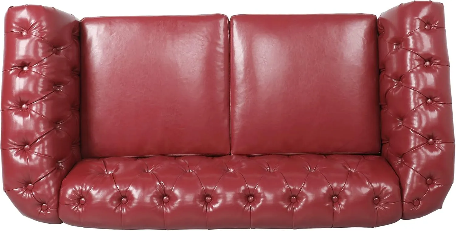 RARZOE Traditional Chesterfield PU Loveseat Sofa, Modern Vintage Chesterfield Button Tufted Faux Leather Couch with Nailhead Trim Scrolled Arms for Living Room Bedroom Office(Burgundy)