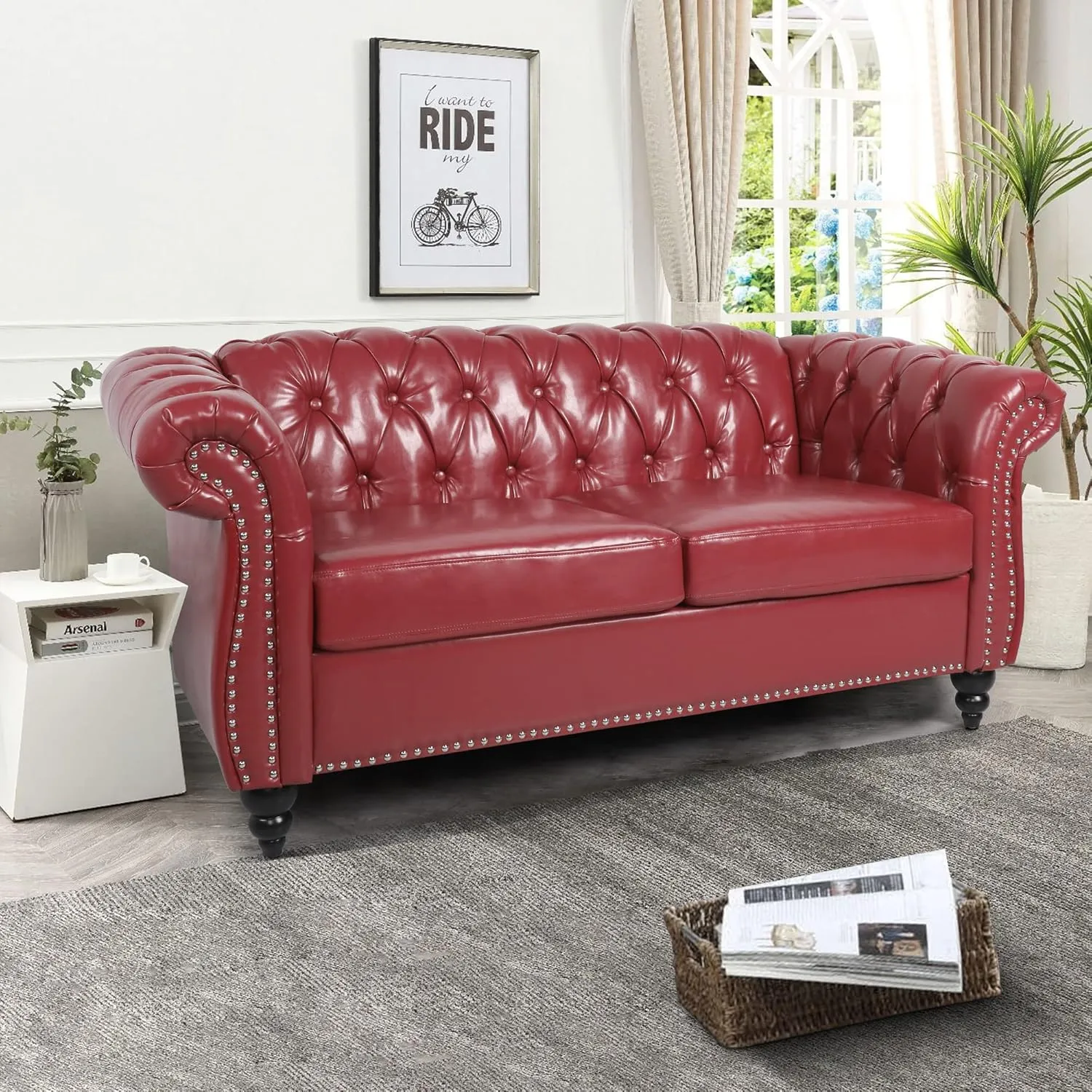 RARZOE Traditional Chesterfield PU Loveseat Sofa, Modern Vintage Chesterfield Button Tufted Faux Leather Couch with Nailhead Trim Scrolled Arms for Living Room Bedroom Office(Burgundy)