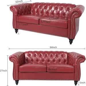 RARZOE Traditional Chesterfield PU Loveseat Sofa, Modern Vintage Chesterfield Button Tufted Faux Leather Couch with Nailhead Trim Scrolled Arms for Living Room Bedroom Office(Burgundy)