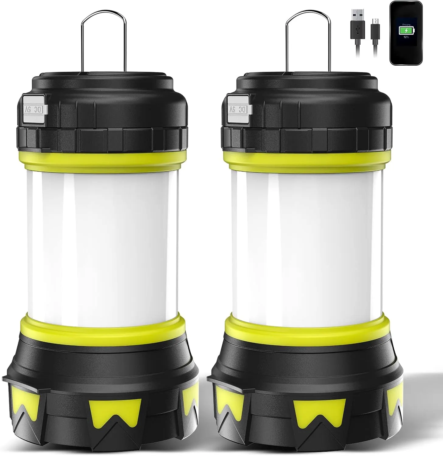 Rechargeable Flashlights Camping Lantern, 6 Modes LED Bright Flashlight 3000mAh Battery, IPX4 Waterproof, Emergency Flashlight Lantern for Outdoor， Hurricane, USB Cable Included-2 Pack