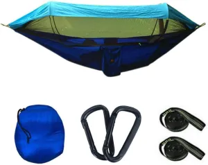 Recreation 1-2 Person Portable Outdoor Camping Hammock with Awning Mosquito Net High Strength Parachute Fabric Hanging Bed Hunting Swing Gifts for Hikers
