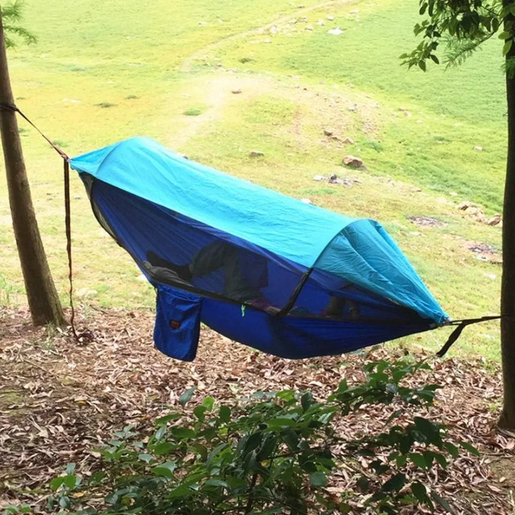 Recreation 1-2 Person Portable Outdoor Camping Hammock with Awning Mosquito Net High Strength Parachute Fabric Hanging Bed Hunting Swing Gifts for Hikers