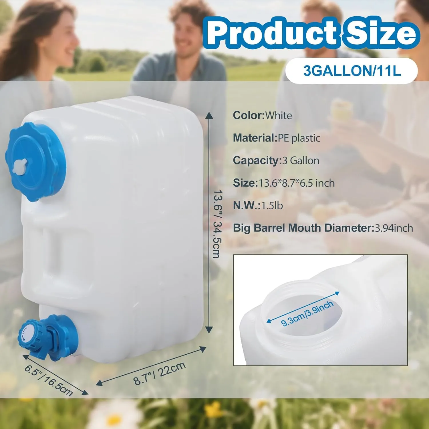 REDCAMP 3 Gallon/11L Portable Water Container with Spigot, Camping Water Jug, Camping Water Container, Water Tank, Portable Emergency Water Storage for Camping, Car, Hiking, White