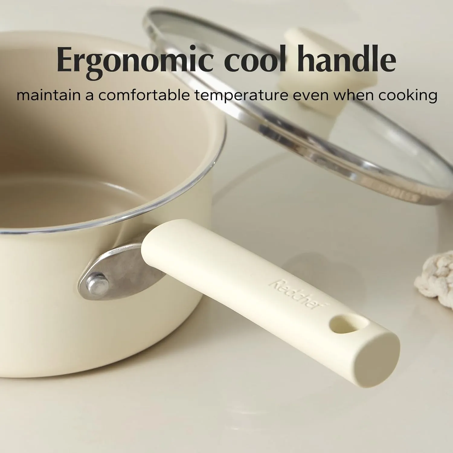 Redchef Ceramic Nonstick Saucepan with Lid, 3QT Small Cooking Pot, Non Toxic Sauce Pans for Kitchen, Cool Handle PFAS Free Compatible with All Cooktops, White