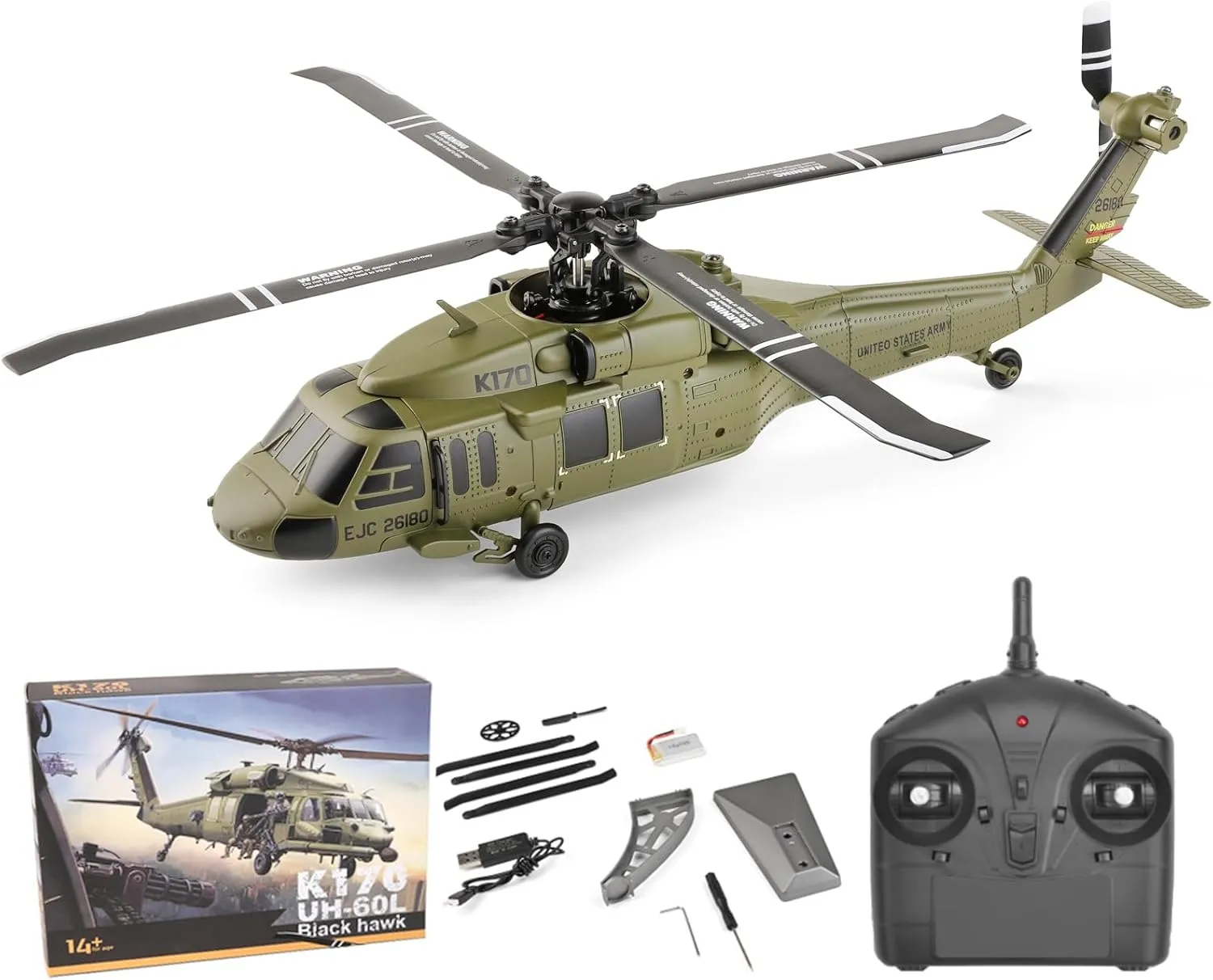 Remote Control Helicopter, UH-60 Black Hawk Military Helicopters, 2.4G 4 Channel K170 Helicopter with 6G Modes 6-axis Gyroscope, Brushless Motor, Altitude Hold, One Key Function