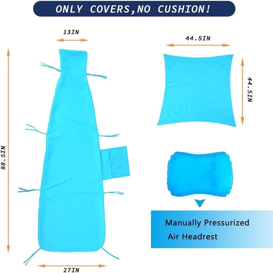 Replacement Cover for Outdoor Hanging Lounge Chair Cushion (Cover Only), Waterproof, with Umbrella Fabric and Inflatable Headrest, Patio Curved Chaise Hammock Swing Lounger Cushion Cover （Sky blue）