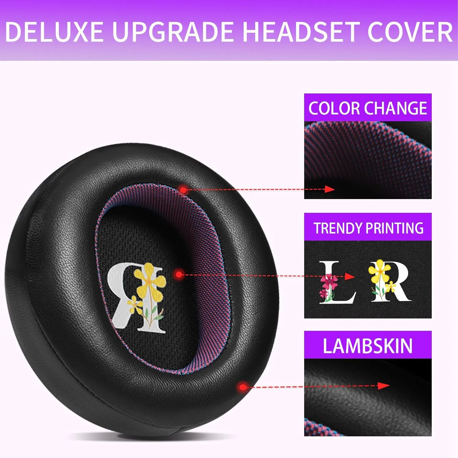 Replacement Earpads for AUDEZE Maxwell Black/Purple Sheepskin with High-Density Foam