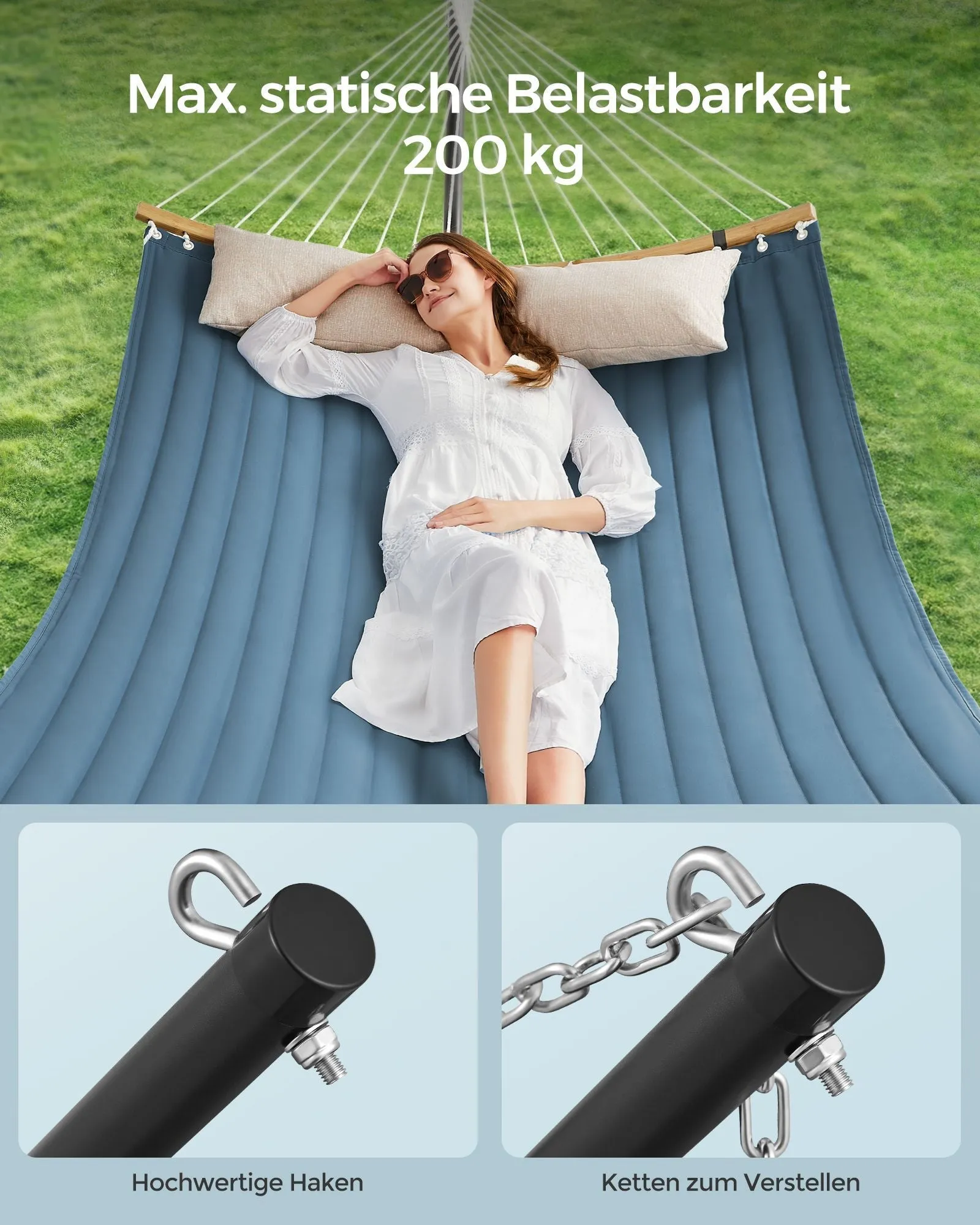Rootz Hammock with Frame - Steel Frame - Polyester Hammock - Portable Swing - Large Size - Easy Assembly - Black/Blue - 400cm x 100cm x 90cm