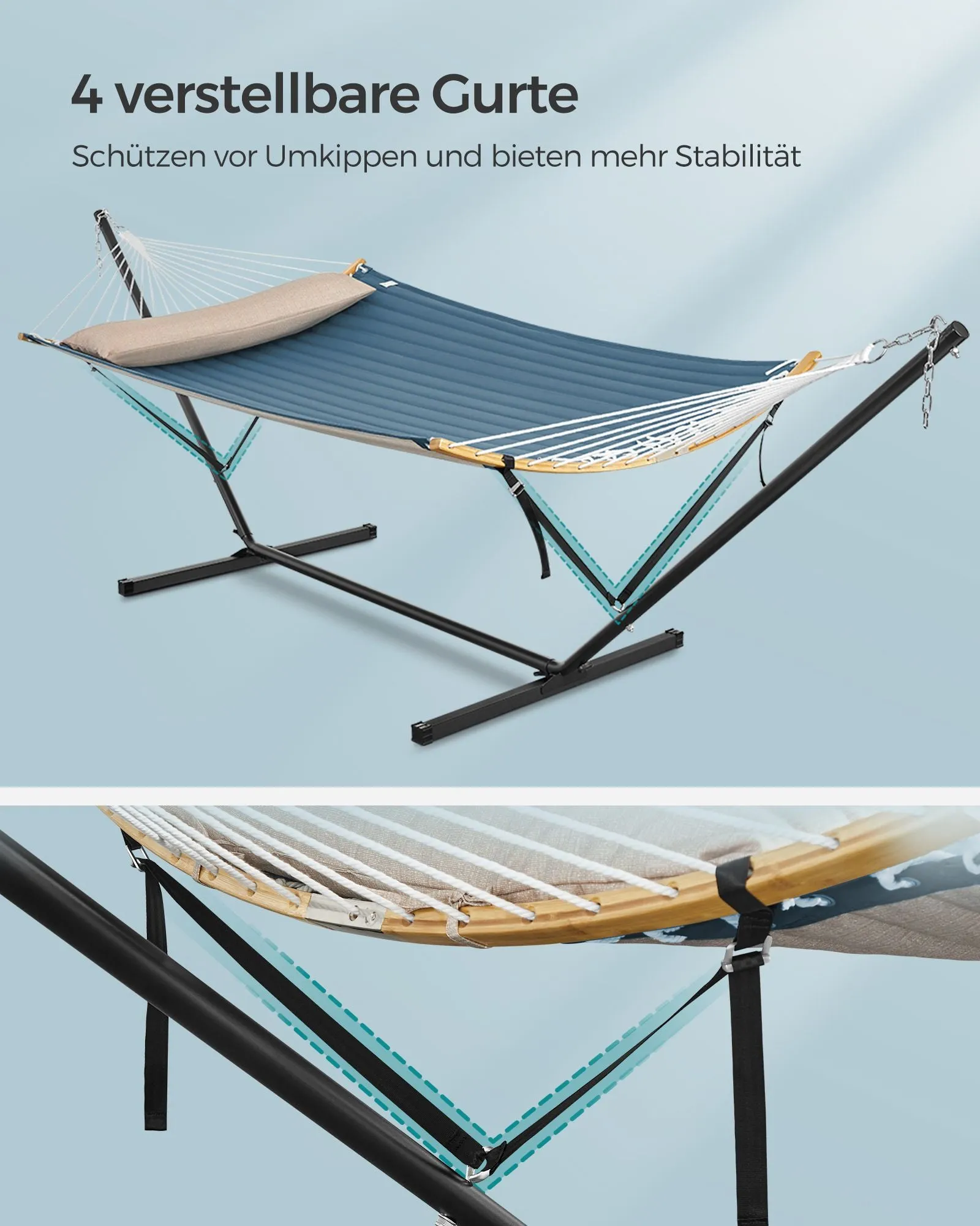 Rootz Hammock with Frame - Steel Frame - Polyester Hammock - Portable Swing - Large Size - Easy Assembly - Black/Blue - 400cm x 100cm x 90cm
