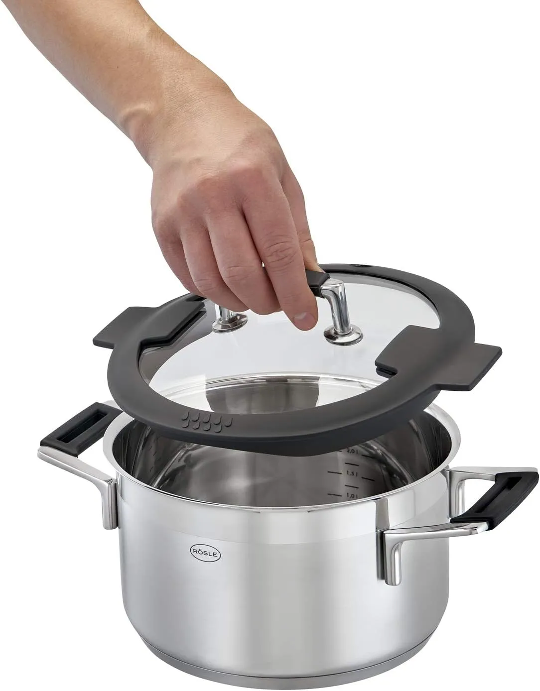 RÖSLE Silence Pro 4-Piece Cookware Set – Set of 3 Pots and 1 Saucepan 18/10 Stainless Steel – Internal Graduation, Suitable for Induction, Dishwasher Safe