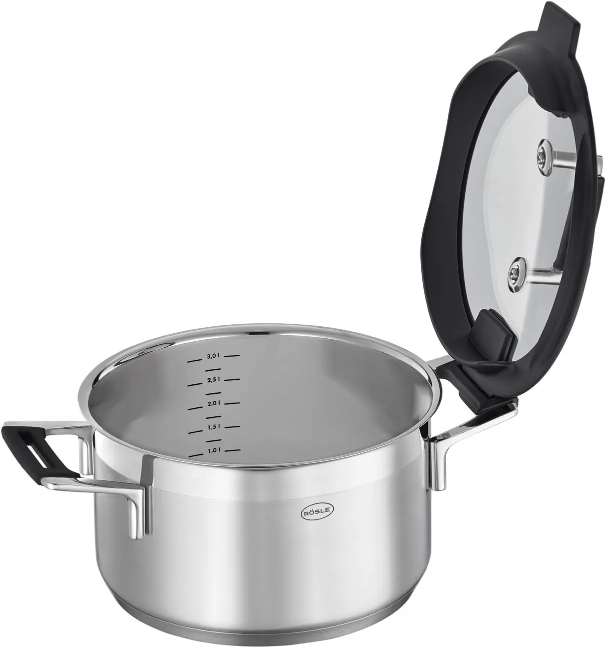 RÖSLE Silence Pro 4-Piece Cookware Set – Set of 3 Pots and 1 Saucepan 18/10 Stainless Steel – Internal Graduation, Suitable for Induction, Dishwasher Safe