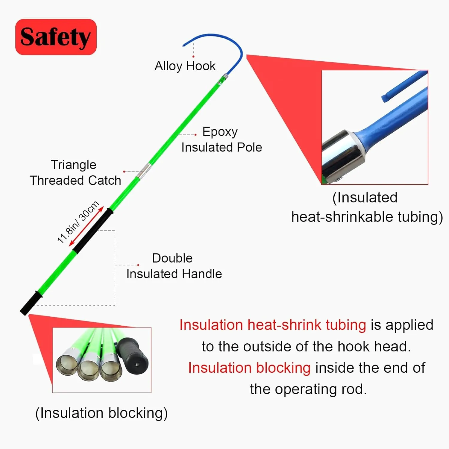 Safety Rescue Pole for Electrocution Rescue, Professional High-Voltage Insulated Hook for Fire Electrician, Insulated Security Tools/Anti-electrocution(1pc Red,79in/2m/6.5ft (110 KV))