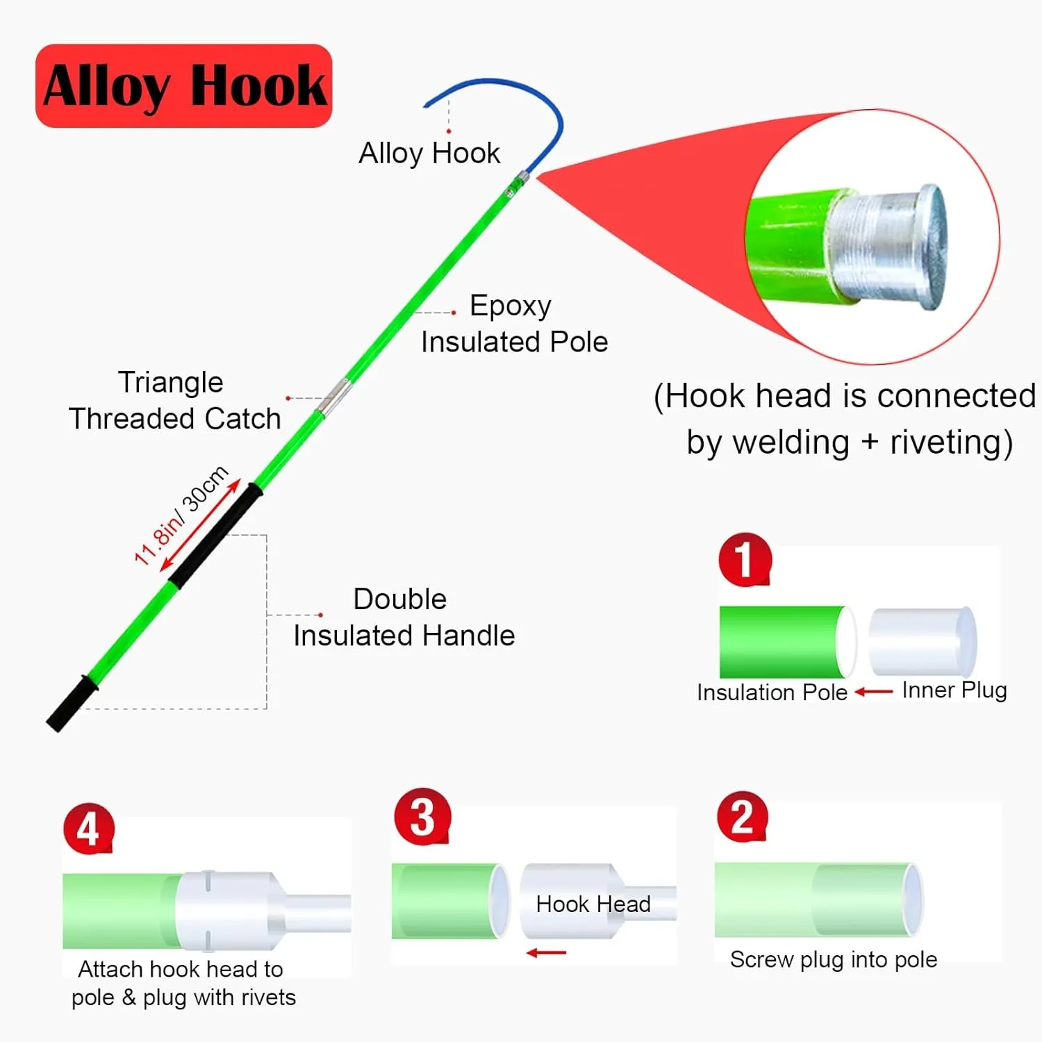 Safety Rescue Pole for Electrocution Rescue, Professional High-Voltage Insulated Hook for Fire Electrician, Insulated Security Tools/Anti-electrocution(1pc Red,79in/2m/6.5ft (110 KV))