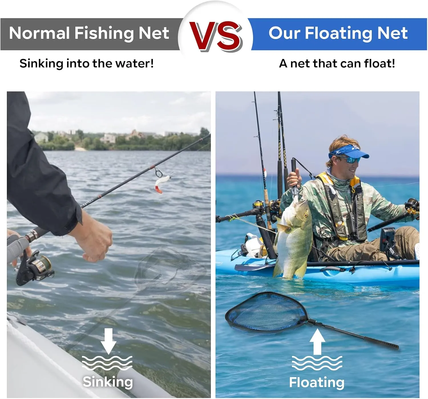 SAN LIKE Floating Fishing Net Collapsible Fishing Nets for Fish Fishing Landing Net with Telescopic Pole Rubber Coated Landing Net for Freshwater Saltwater Foldable Release Salmon Catfish Bass Trout