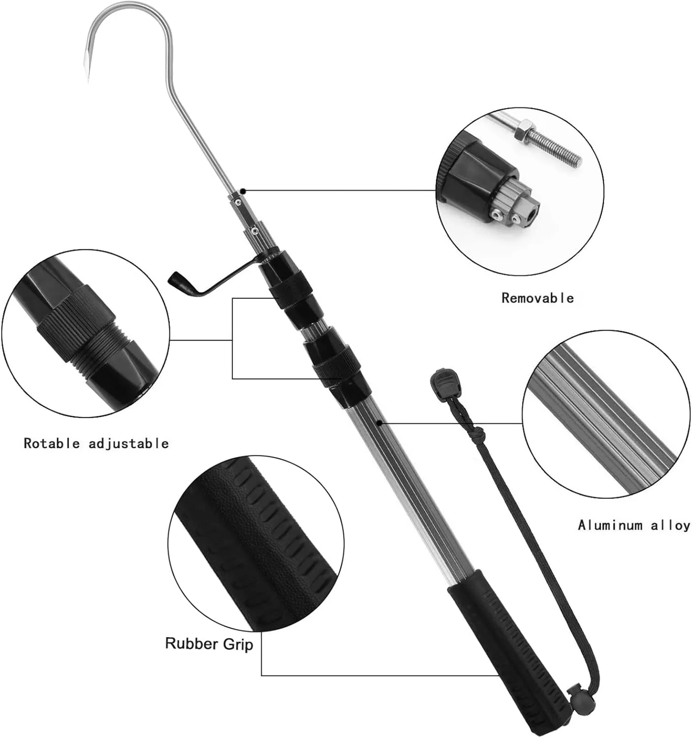 SANLIKE Telescopic Fish Gaff with Stainless Sea Fishing Spear Hook Tackle, Soft Handle Aluminium Alloy Pole for Saltwater Offshore Ice Tool