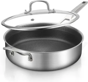 Saute Pan with Lid 5 Quarts,12.5 Inch 18/10 Tri-Ply Nonsitck Large Frying Pan, Up to 600℉ Full Clad Stainless Steel 3 Layer Deep Frying Pan with Stay Cool Handle, Dishwasher and Metal Utensil Safe