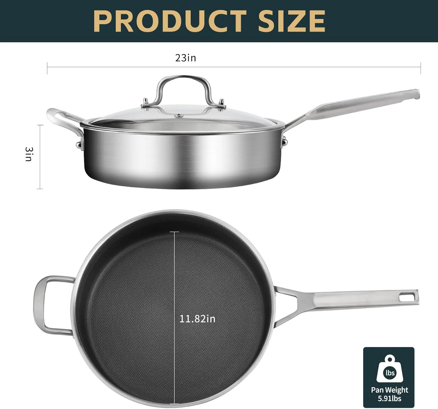 Saute Pan with Lid 5 Quarts,12.5 Inch 18/10 Tri-Ply Nonsitck Large Frying Pan, Up to 600℉ Full Clad Stainless Steel 3 Layer Deep Frying Pan with Stay Cool Handle, Dishwasher and Metal Utensil Safe