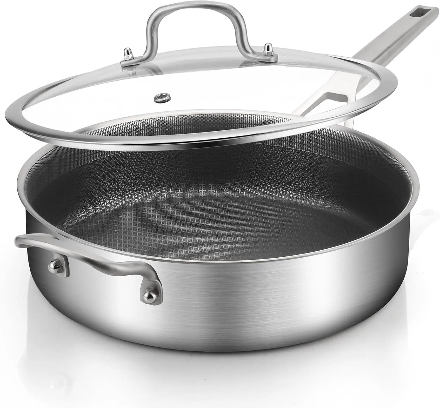 Saute Pan with Lid 5 Quarts,12.5 Inch 18/10 Tri-Ply Nonsitck Large Frying Pan, Up to 600℉ Full Clad Stainless Steel 3 Layer Deep Frying Pan with Stay Cool Handle, Dishwasher and Metal Utensil Safe